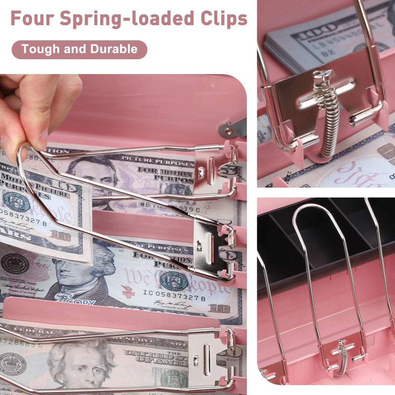 Kyodoled Locking Money Box with Combination Lock, Metal Cash Box with Money Tray, Cash Register,5 Compartments Cantilever Tray 4 Spring Loaded Clips,11.81Lx 9.45Wx 3.54H Inches Pink X Large - Image 2